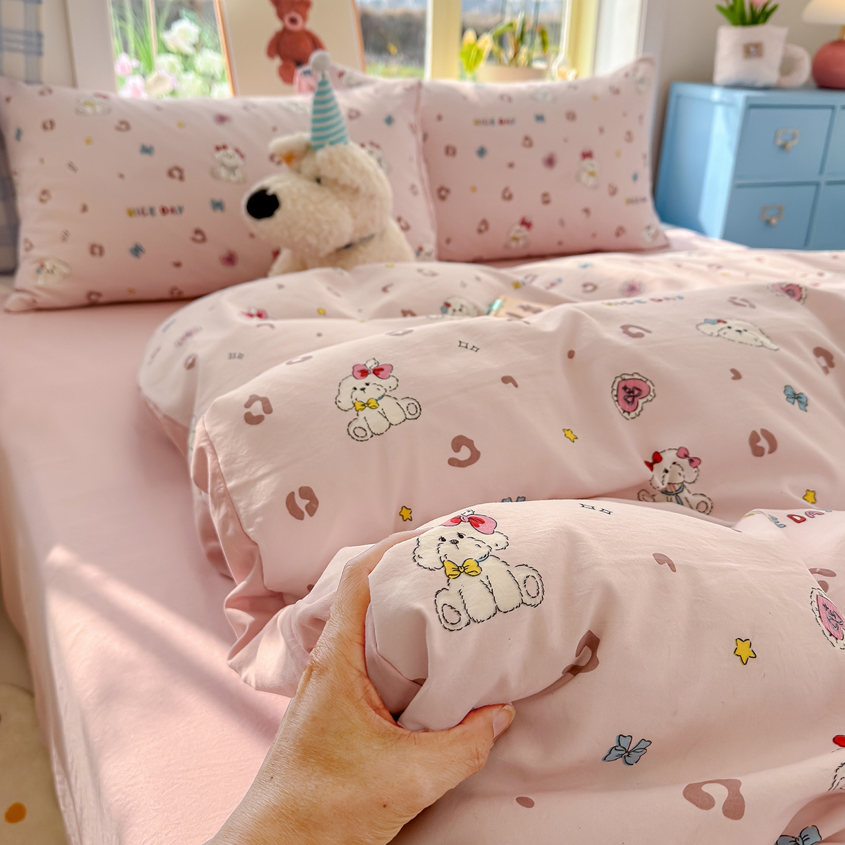 91家纺网 家纺一手货源 找家纺 铺尚美家纺 2026新款A类古法水洗仿棉云感纱四件套 乖乖狗-玉