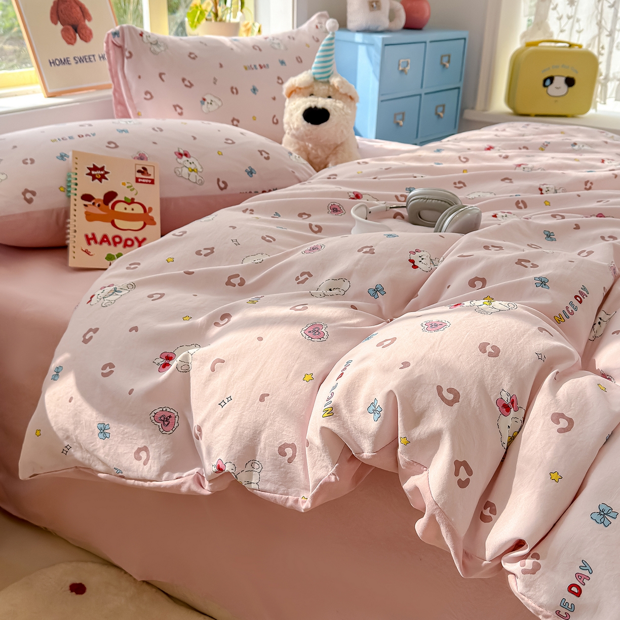 91家纺网 家纺一手货源 找家纺 铺尚美家纺 2026新款A类古法水洗仿棉云感纱四件套 乖乖狗-玉