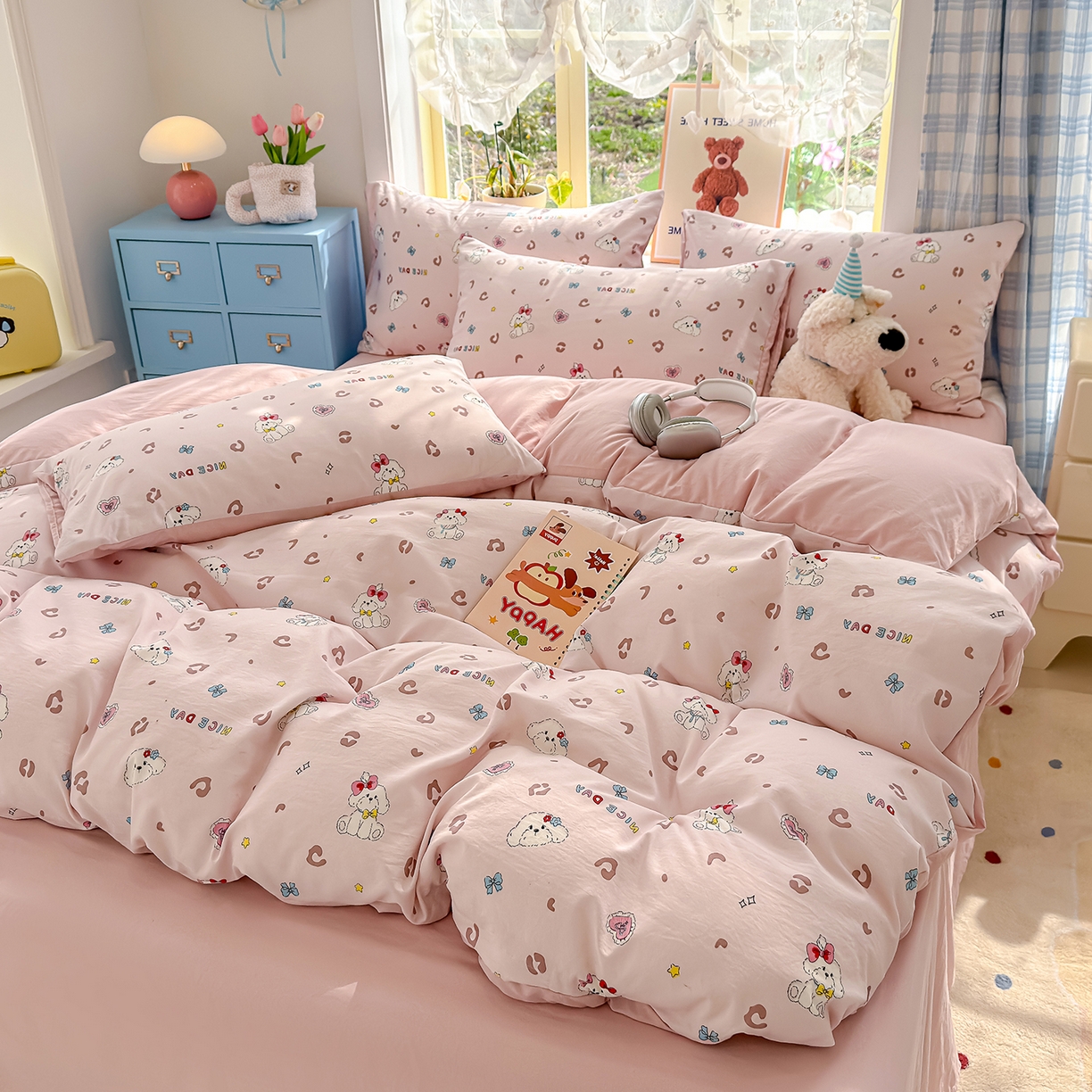 91家纺网 家纺一手货源 找家纺 铺尚美家纺 2026新款A类古法水洗仿棉云感纱四件套 乖乖狗-玉