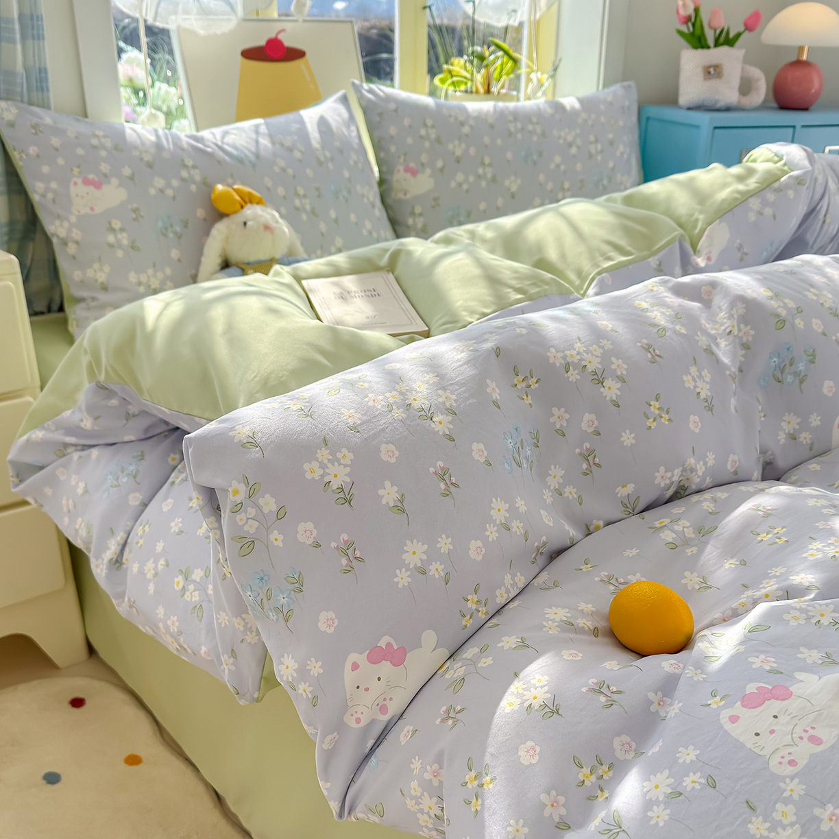 91家纺网 家纺一手货源 找家纺 铺尚美家纺 2026新款A类古法水洗仿棉云感纱四件套 花园小猫