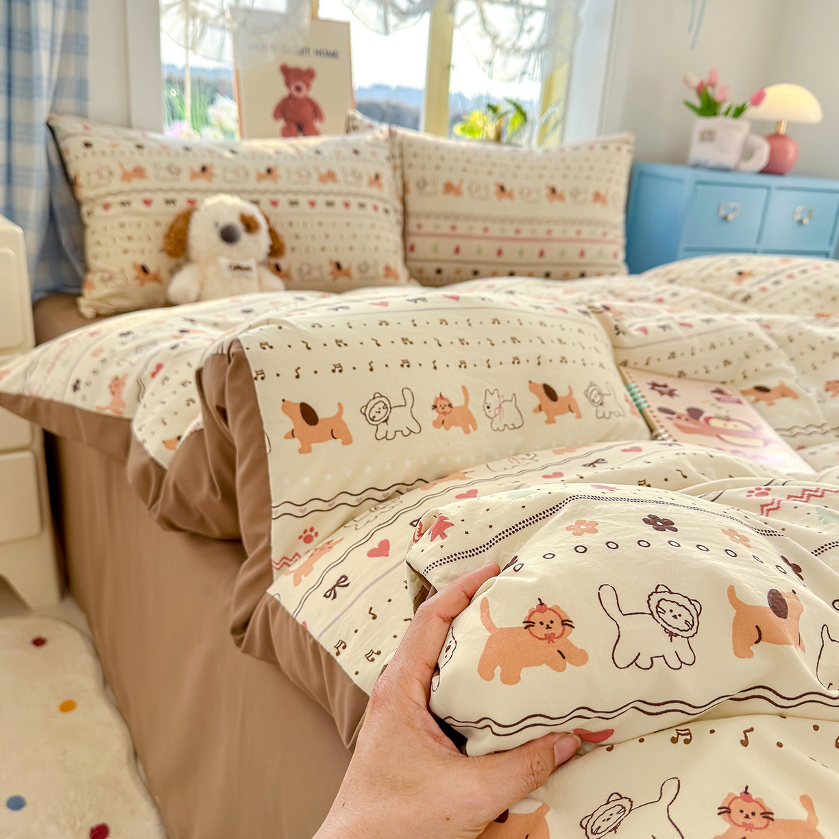 91家纺网 家纺一手货源 找家纺 铺尚美家纺 2026新款A类古法水洗仿棉云感纱四件套 猫狗狂欢夜