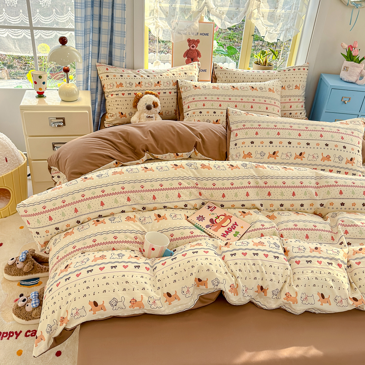 91家纺网 家纺一手货源 找家纺 铺尚美家纺 2026新款A类古法水洗仿棉云感纱四件套 猫狗狂欢夜