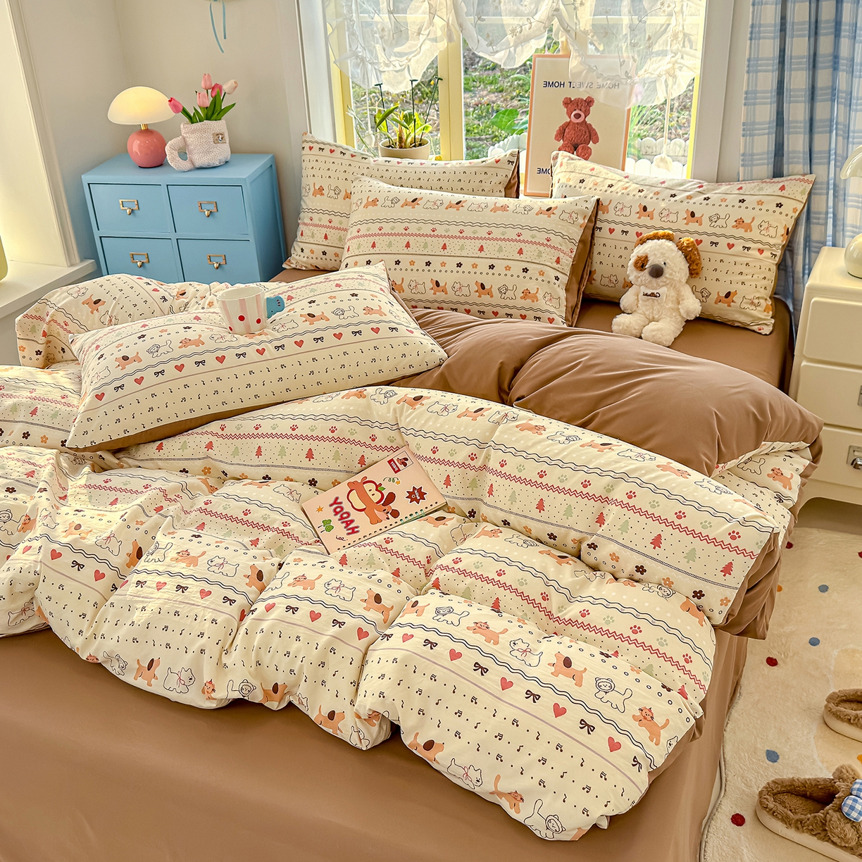 91家纺网 家纺一手货源 找家纺 铺尚美家纺 2026新款A类古法水洗仿棉云感纱四件套 猫狗狂欢夜