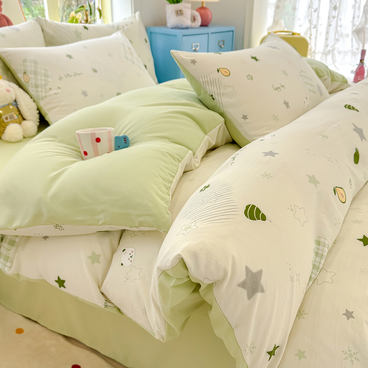 铺尚美家纺 2026新款A类古法水洗仿棉云感纱四件套 奶绿牛油果