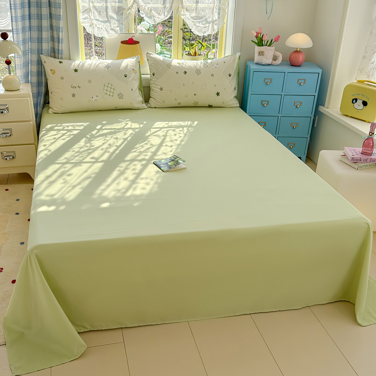 91家纺网 家纺一手货源 找家纺 铺尚美家纺 2026新款A类古法水洗仿棉云感纱四件套 奶绿牛油果