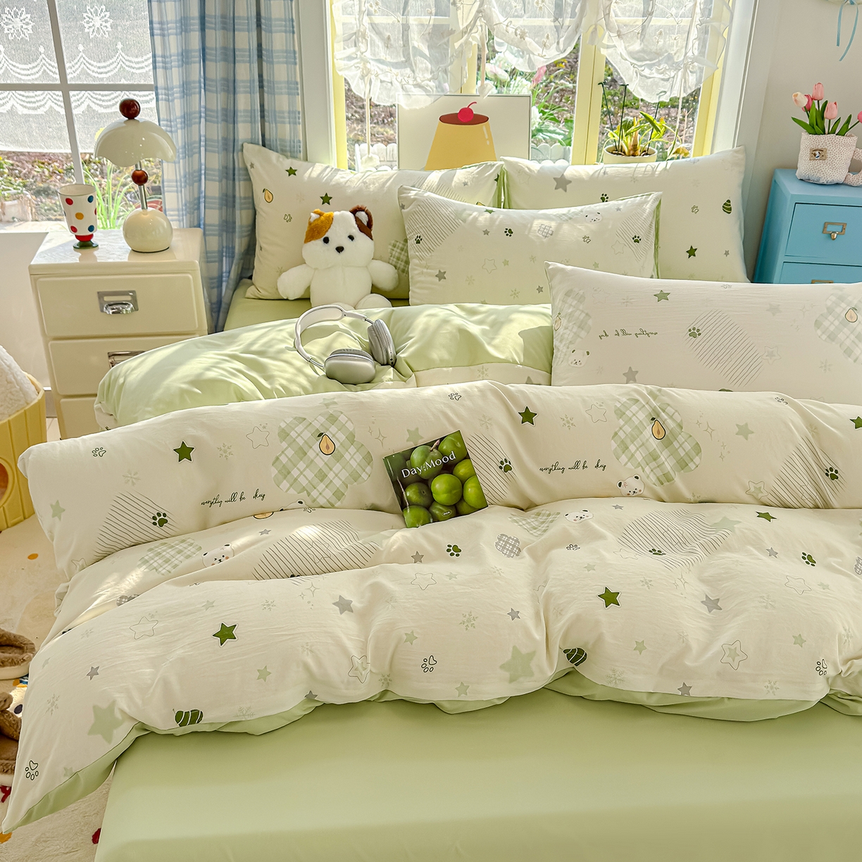 91家纺网 家纺一手货源 找家纺 铺尚美家纺 2026新款A类古法水洗仿棉云感纱四件套 奶绿牛油果