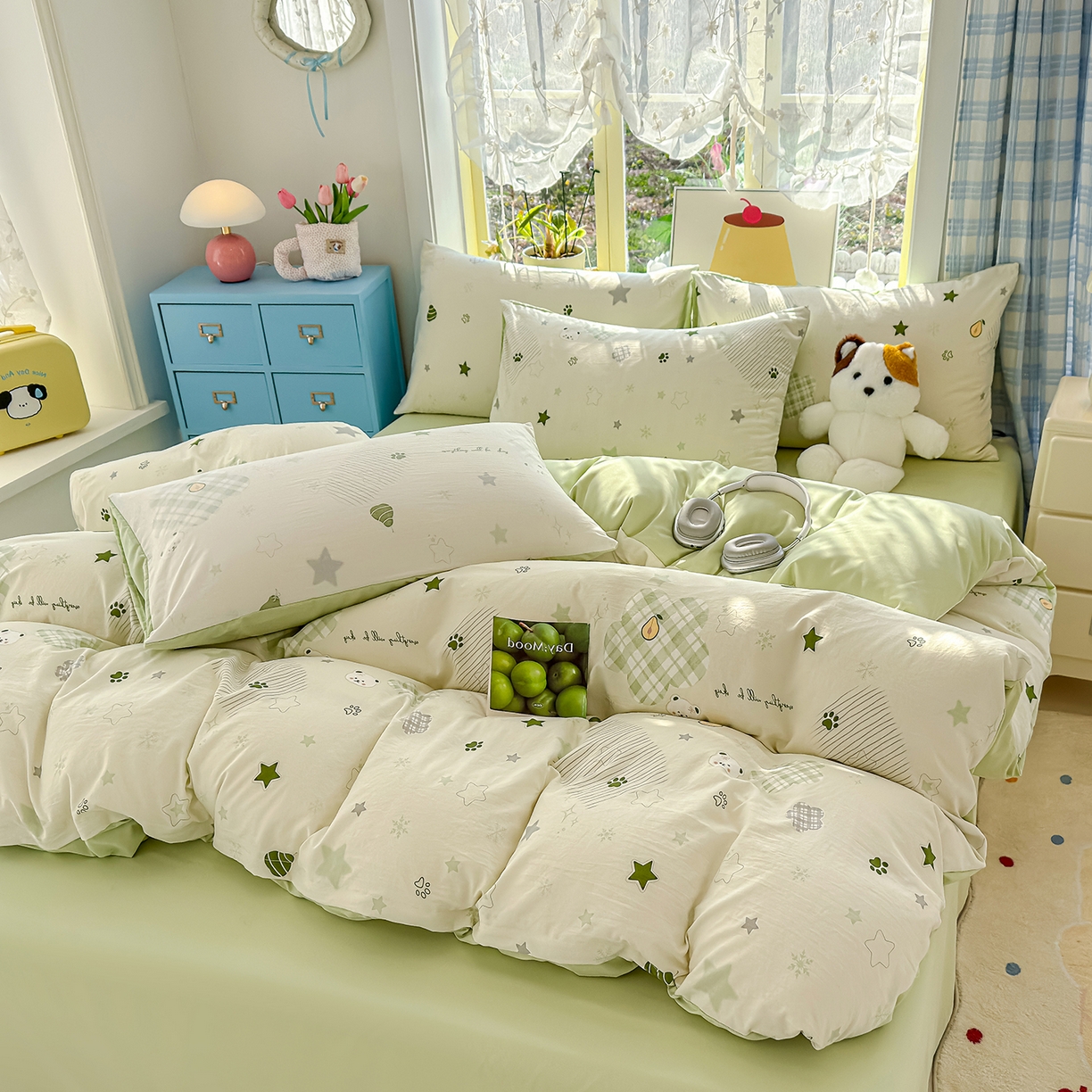 91家纺网 家纺一手货源 找家纺 铺尚美家纺 2026新款A类古法水洗仿棉云感纱四件套 奶绿牛油果