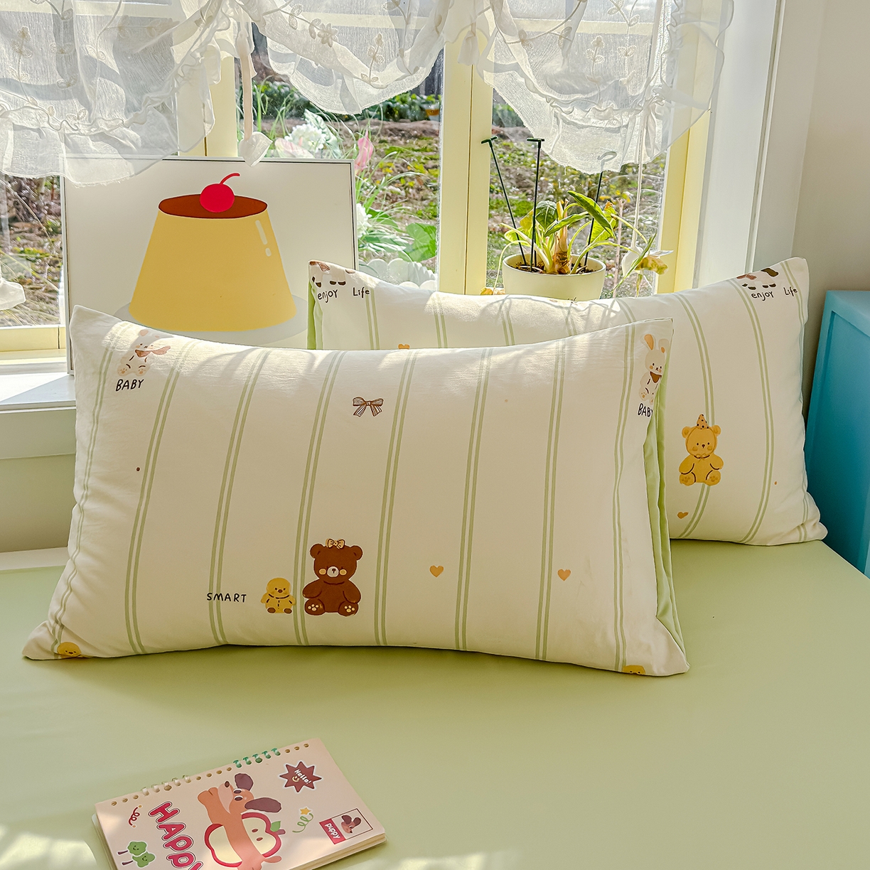 91家纺网 家纺一手货源 找家纺 铺尚美家纺 2026新款A类古法水洗仿棉云感纱四件套 条纹小熊