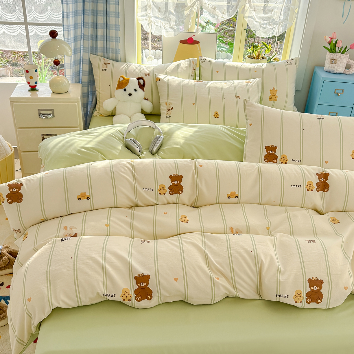 91家纺网 家纺一手货源 找家纺 铺尚美家纺 2026新款A类古法水洗仿棉云感纱四件套 条纹小熊