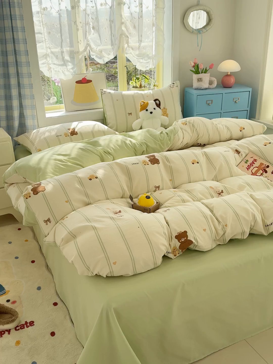 91家纺网 家纺一手货源 找家纺 铺尚美家纺 2026新款A类古法水洗仿棉云感纱四件套 条纹小熊