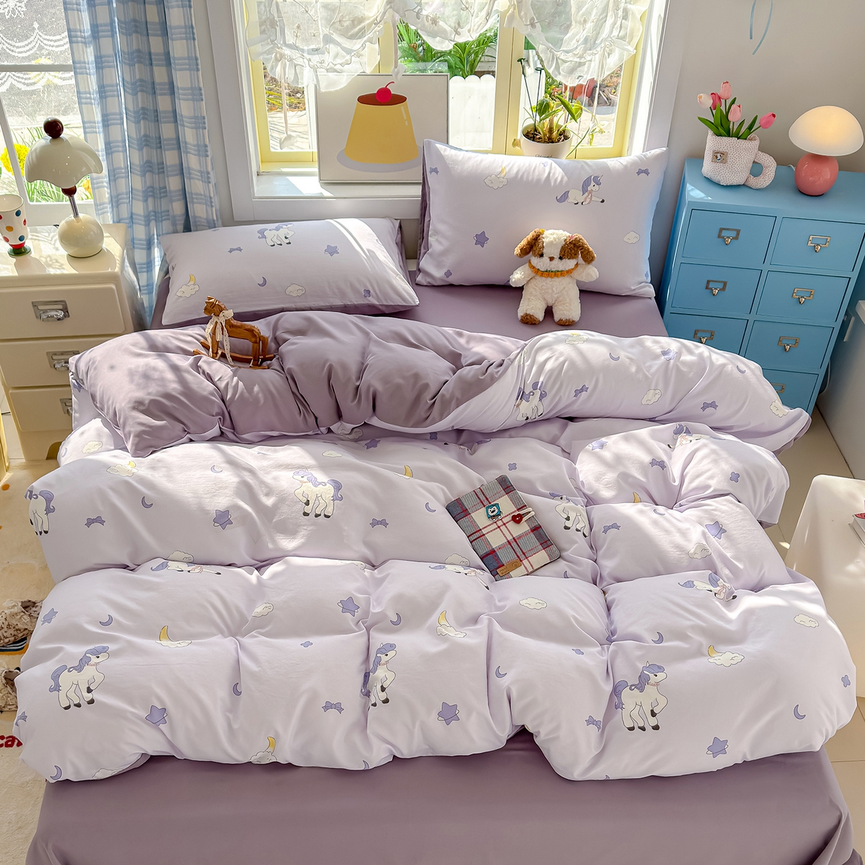 91家纺网 家纺一手货源 找家纺 铺尚美家纺 2026新款A类古法水洗仿棉云感纱四件套 小马星河