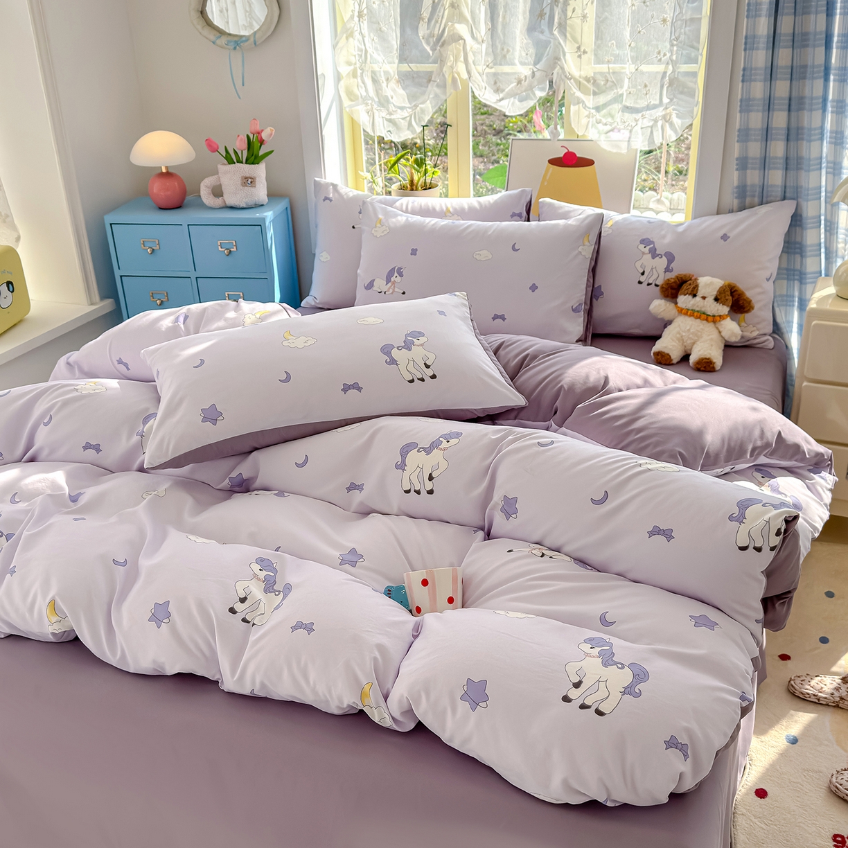 91家纺网 家纺一手货源 找家纺 铺尚美家纺 2026新款A类古法水洗仿棉云感纱四件套 小马星河