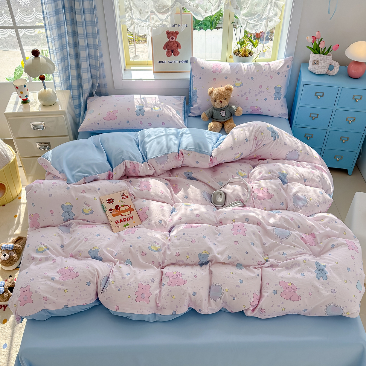 91家纺网 家纺一手货源 找家纺 铺尚美家纺 2026新款A类古法水洗仿棉云感纱四件套 星芒啵啵熊