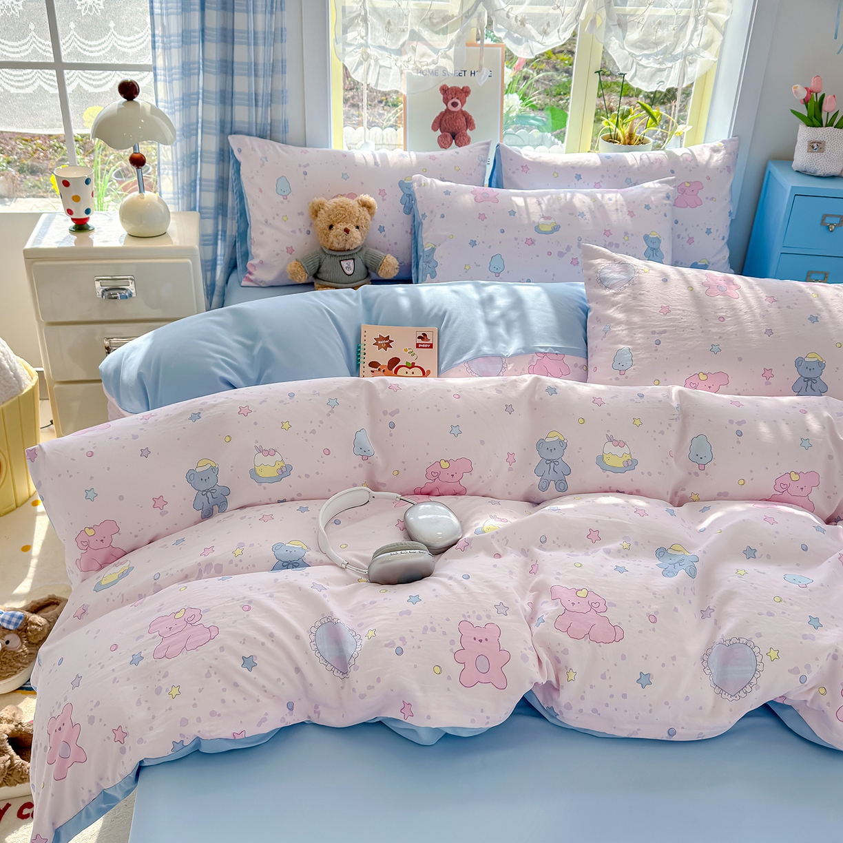 91家纺网 家纺一手货源 找家纺 铺尚美家纺 2026新款A类古法水洗仿棉云感纱四件套 星芒啵啵熊