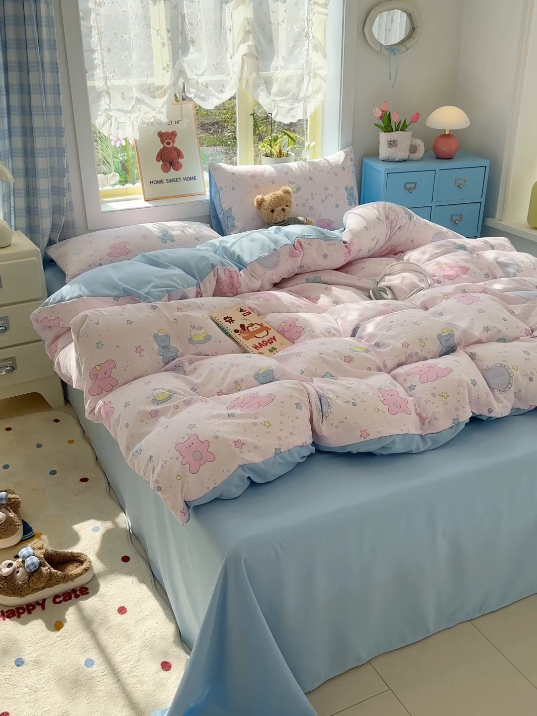 91家纺网 家纺一手货源 找家纺 铺尚美家纺 2026新款A类古法水洗仿棉云感纱四件套 星芒啵啵熊