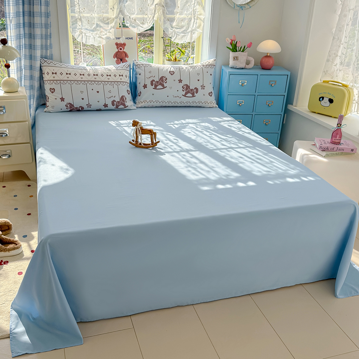 91家纺网 家纺一手货源 找家纺 铺尚美家纺 2026新款A类古法水洗仿棉云感纱四件套 英伦小木马