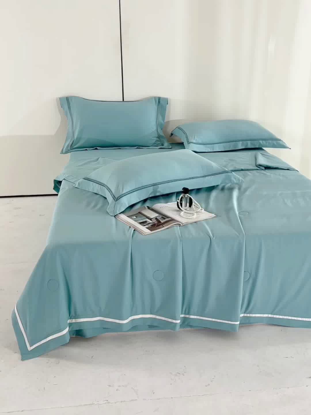 91家纺网 家纺一手货源 找家纺 （总）欧夏家纺 2026新款氢氧丝凉感刺绣夏被拼角夏被纯色夏凉被空调被子薄被直播供货外贸