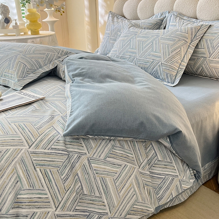 91家纺网 家纺一手货源 找家纺 幸嘉轩 2025新款全棉秋冬加厚保暖喷气磨毛纯棉印花四件套 曼迪-蓝