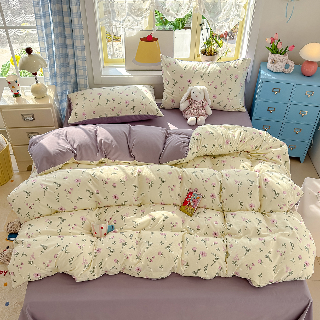 91家纺网 家纺一手货源 找家纺 铺尚美家纺 2026新款A类古法水洗仿棉云感纱四件套 紫罗兰