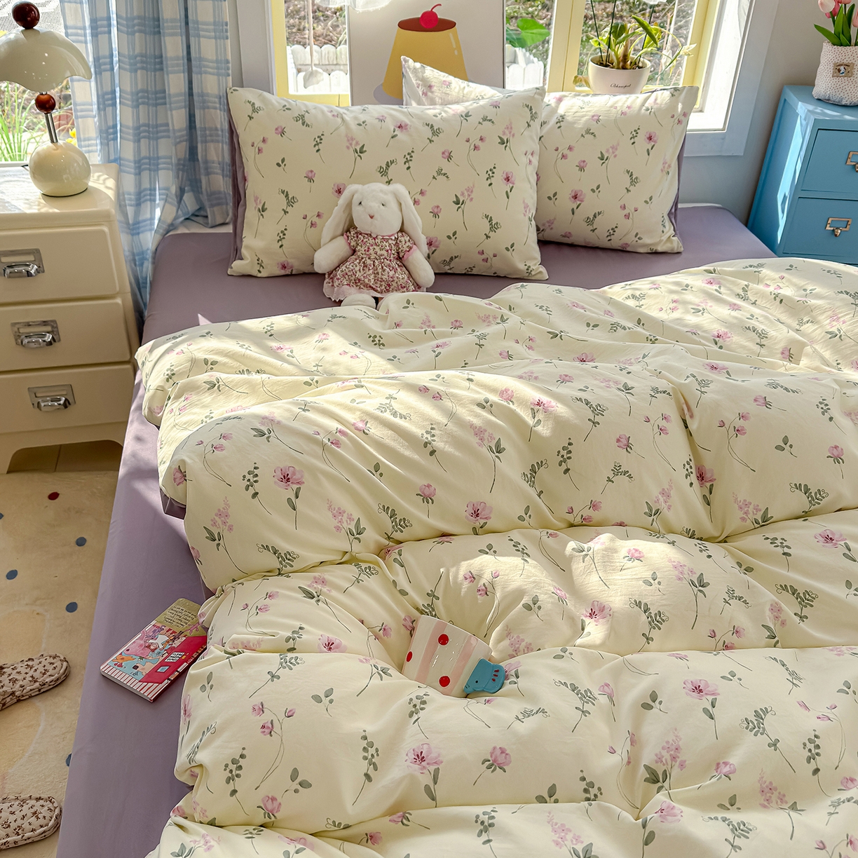 91家纺网 家纺一手货源 找家纺 铺尚美家纺 2026新款A类古法水洗仿棉云感纱四件套 紫罗兰