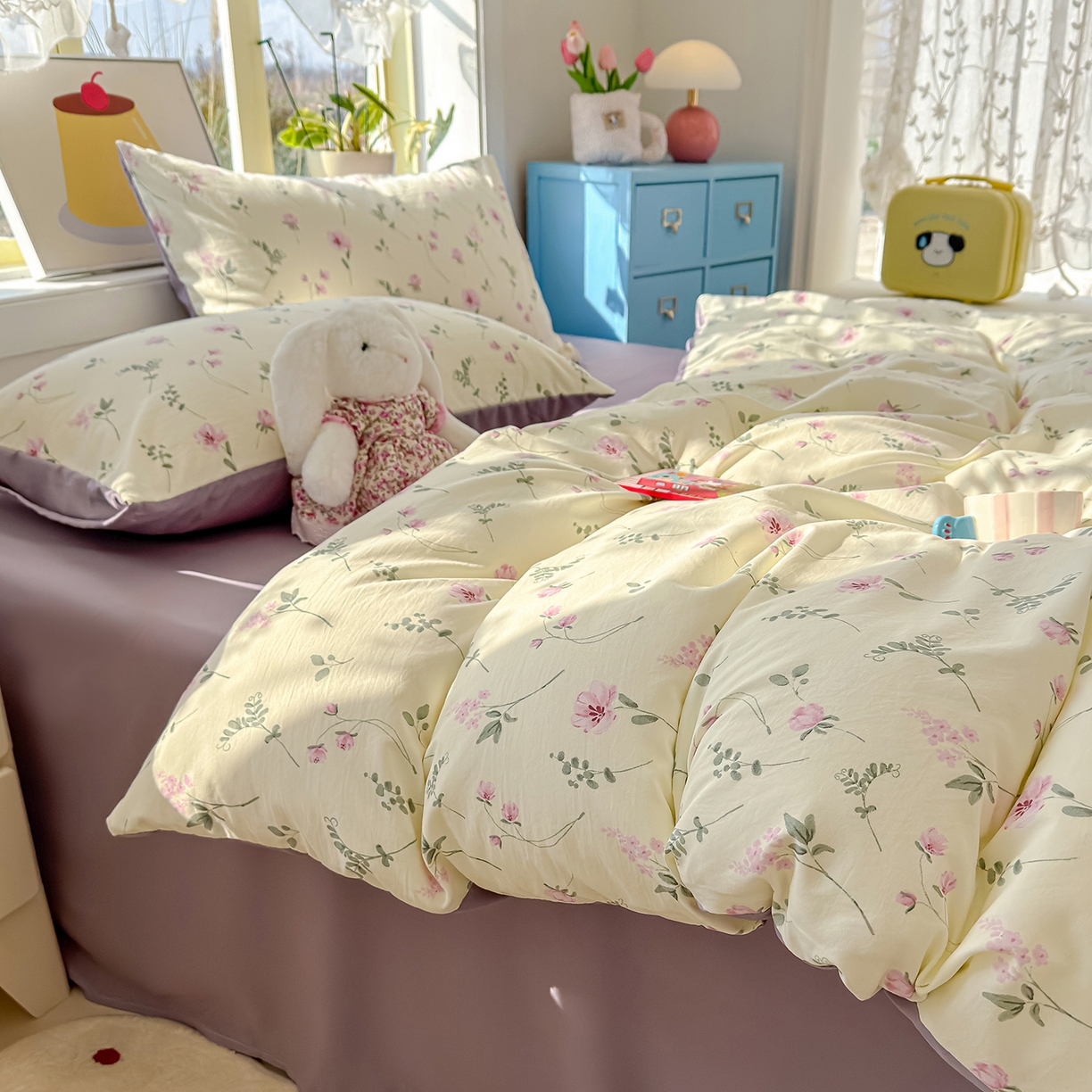 91家纺网 家纺一手货源 找家纺 铺尚美家纺 2026新款A类古法水洗仿棉云感纱四件套 紫罗兰