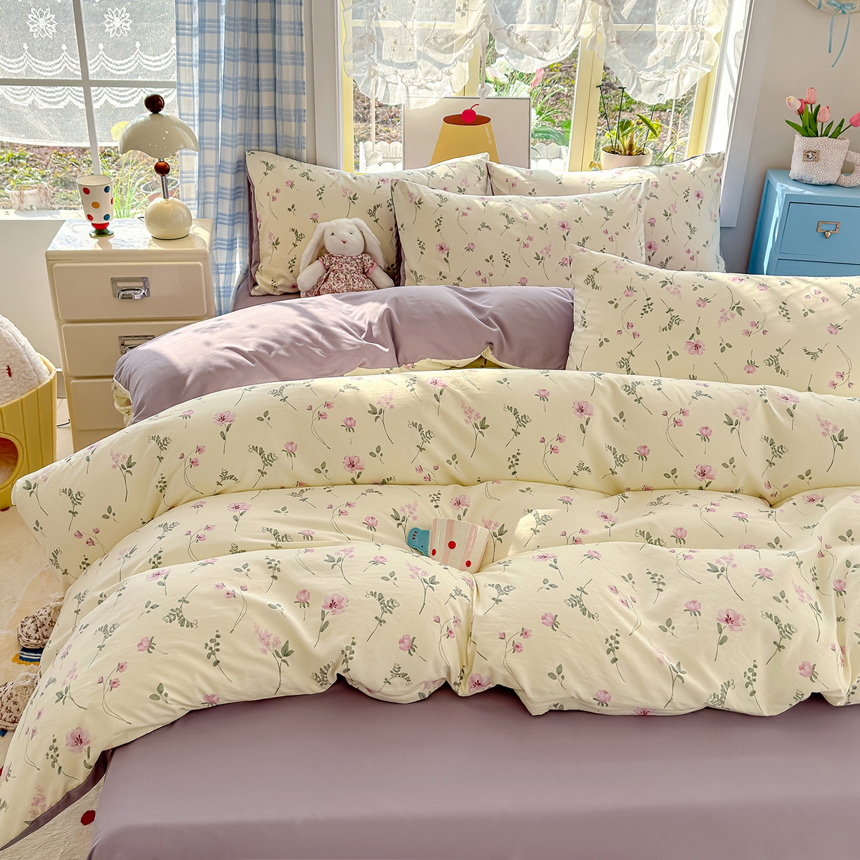 91家纺网 家纺一手货源 找家纺 铺尚美家纺 2026新款A类古法水洗仿棉云感纱四件套 紫罗兰