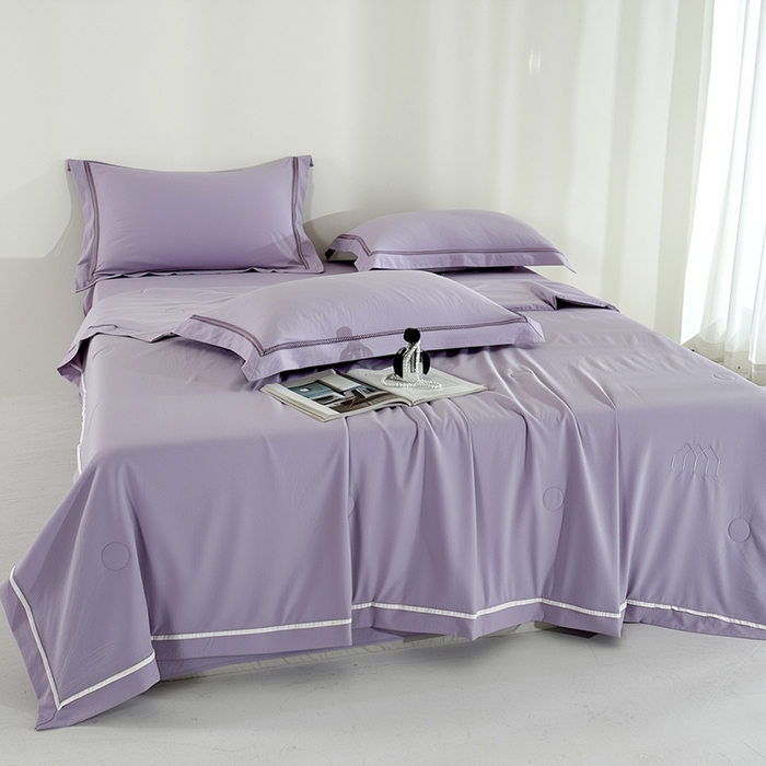 91家纺网 家纺一手货源 找家纺 欧夏家纺 2026新款氢氧丝凉感刺绣夏被拼角夏被纯色夏凉被空调被子薄被直播供货外贸 淡雅紫