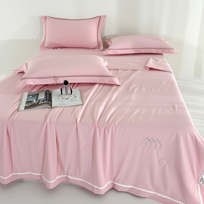 91家纺网 家纺一手货源 找家纺 欧夏家纺 2026新款氢氧丝凉感刺绣夏被拼角夏被纯色夏凉被空调被子薄被直播供货外贸 美玉粉