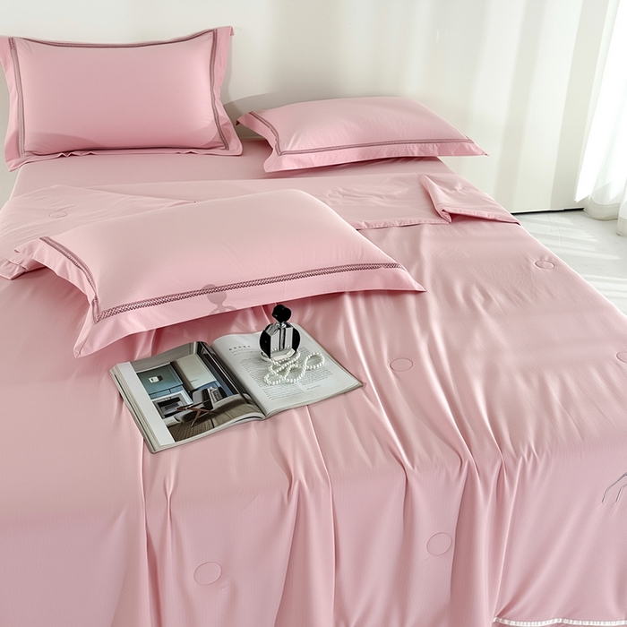 91家纺网 家纺一手货源 找家纺 欧夏家纺 2026新款氢氧丝凉感刺绣夏被拼角夏被纯色夏凉被空调被子薄被直播供货外贸 美玉粉