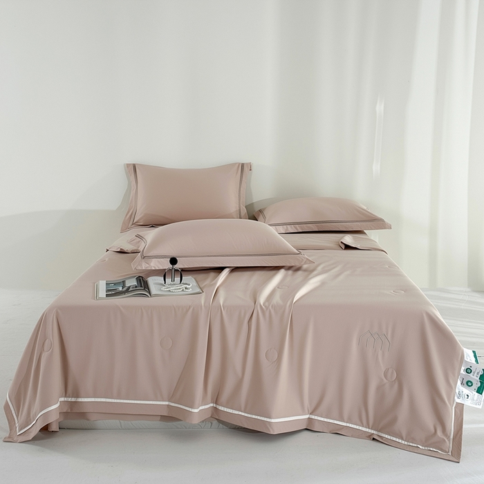 欧夏家纺 2026新款氢氧丝凉感刺绣夏被拼角夏被纯色夏凉被空调被子薄被直播供货外贸 拿铁咖