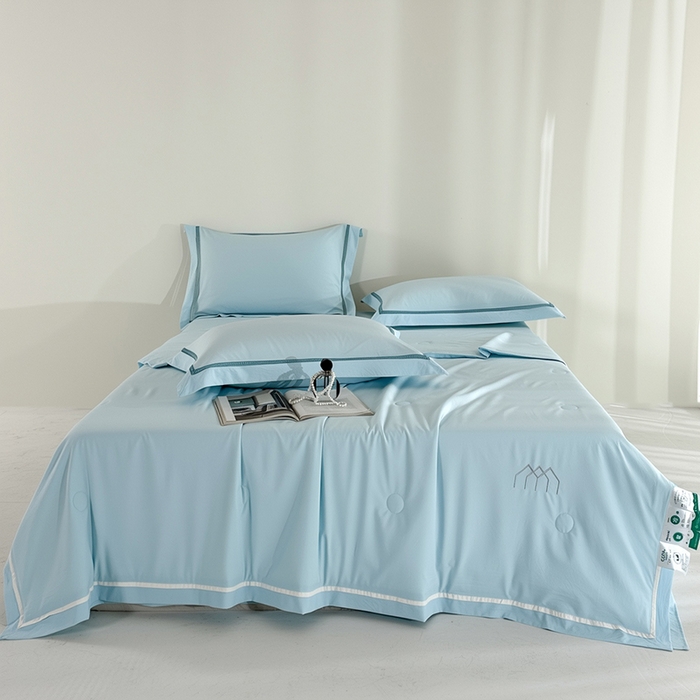 欧夏家纺 2026新款氢氧丝凉感刺绣夏被拼角夏被纯色夏凉被空调被子薄被直播供货外贸 晴空蓝