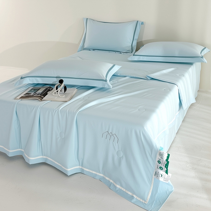 91家纺网 家纺一手货源 找家纺 欧夏家纺 2026新款氢氧丝凉感刺绣夏被拼角夏被纯色夏凉被空调被子薄被直播供货外贸 晴空蓝