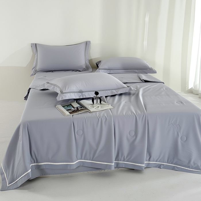 91家纺网 家纺一手货源 找家纺 欧夏家纺 2026新款氢氧丝凉感刺绣夏被拼角夏被纯色夏凉被空调被子薄被直播供货外贸 绅士灰