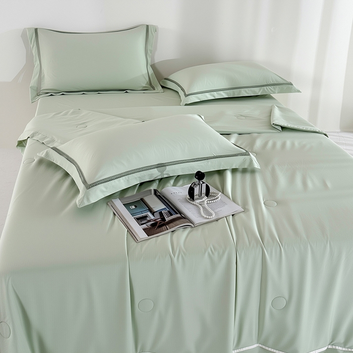 91家纺网 家纺一手货源 找家纺 欧夏家纺 2026新款氢氧丝凉感刺绣夏被拼角夏被纯色夏凉被空调被子薄被直播供货外贸 夏草绿