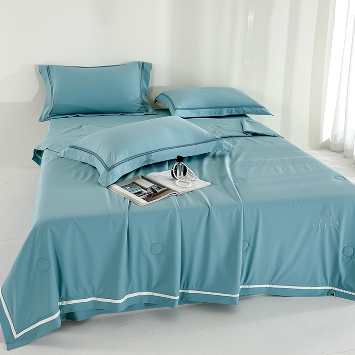 91家纺网 家纺一手货源 找家纺 欧夏家纺 2026新款氢氧丝凉感刺绣夏被拼角夏被纯色夏凉被空调被子薄被直播供货外贸 云墨蓝