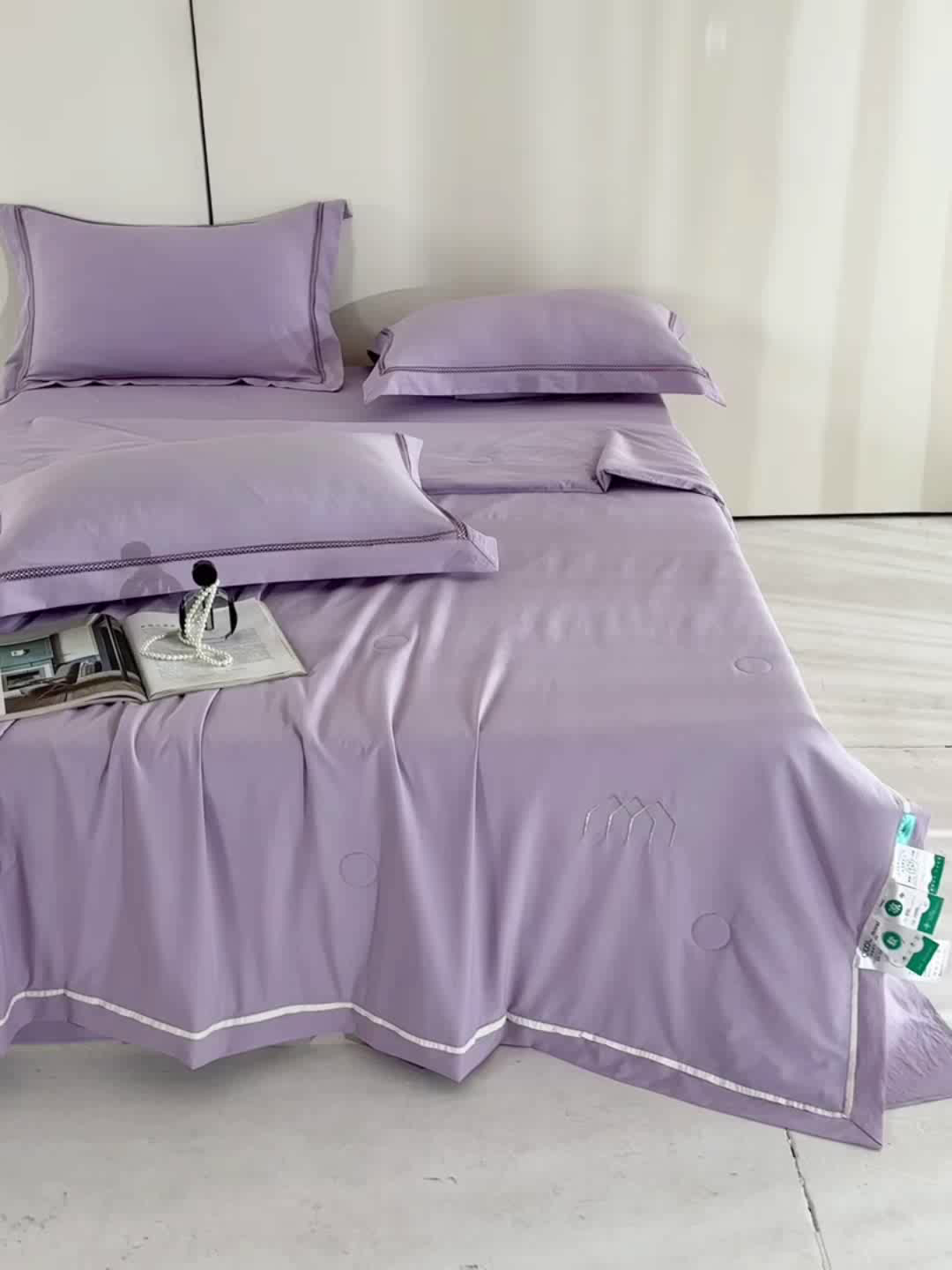 91家纺网 家纺一手货源 找家纺 欧夏家纺 2026新款氢氧丝凉感刺绣夏被拼角夏被纯色夏凉被空调被子薄被直播供货外贸 淡雅紫