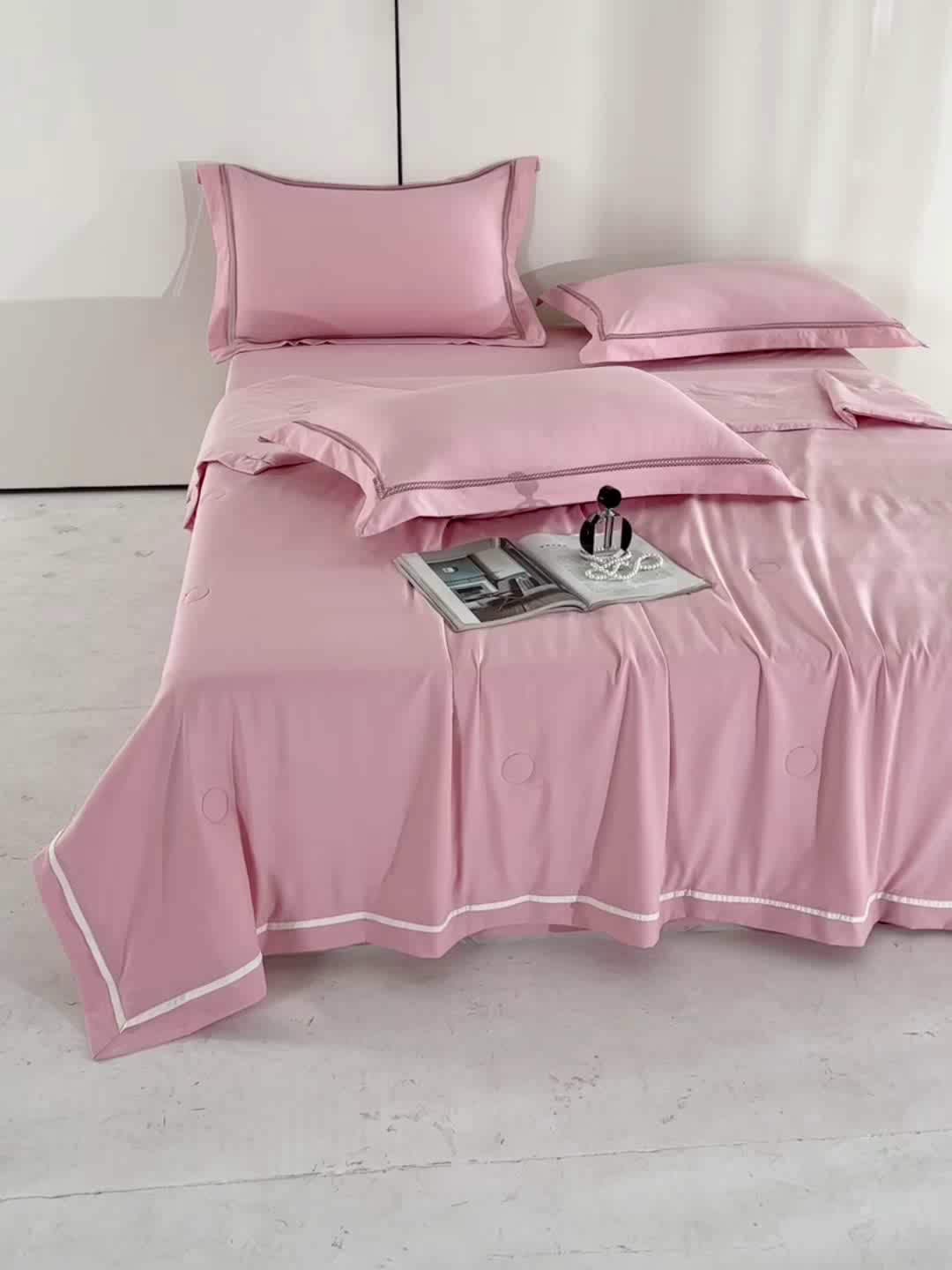 91家纺网 家纺一手货源 找家纺 欧夏家纺 2026新款氢氧丝凉感刺绣夏被拼角夏被纯色夏凉被空调被子薄被直播供货外贸 美玉粉