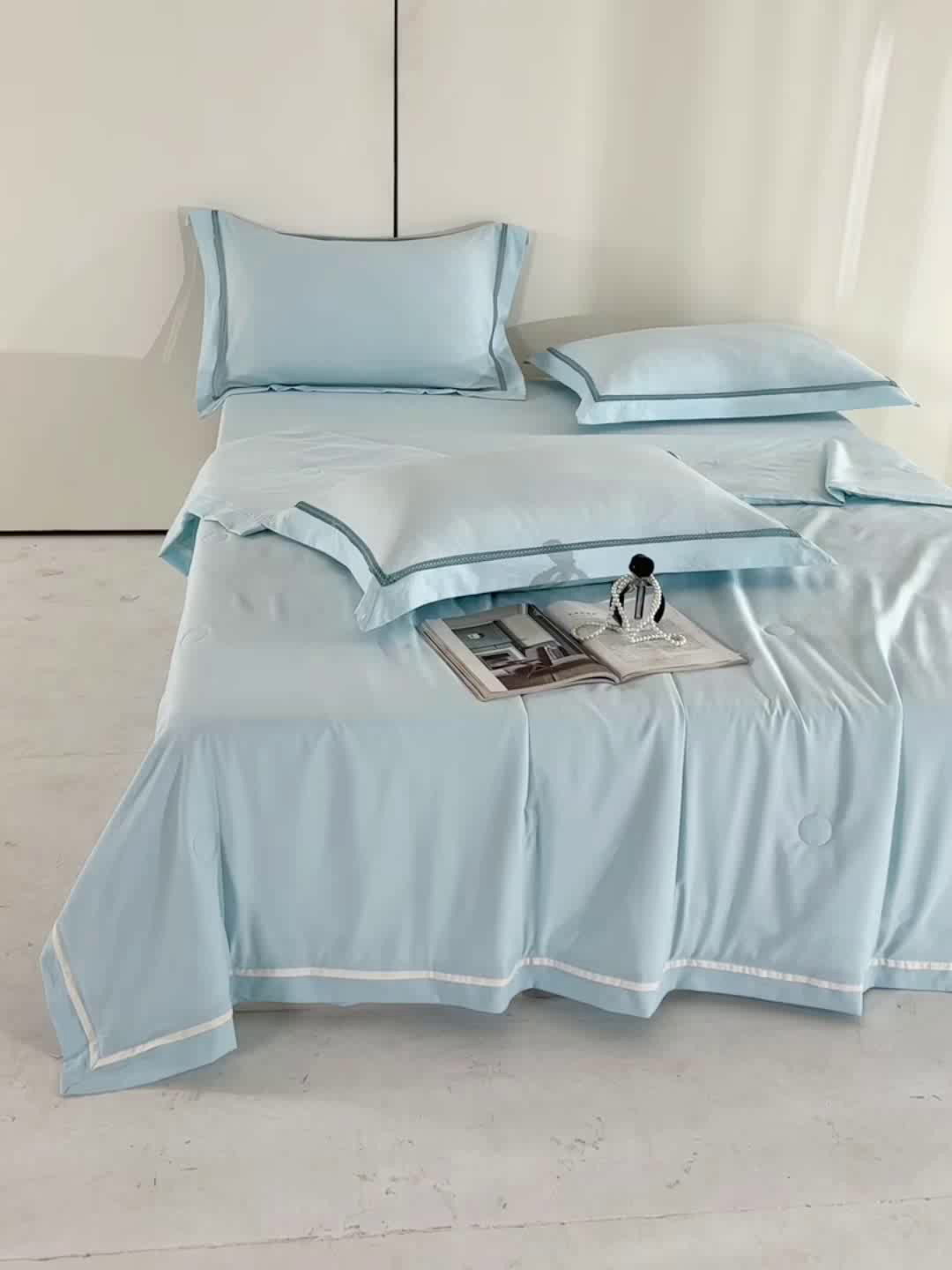 91家纺网 家纺一手货源 找家纺 欧夏家纺 2026新款氢氧丝凉感刺绣夏被拼角夏被纯色夏凉被空调被子薄被直播供货外贸 晴空蓝