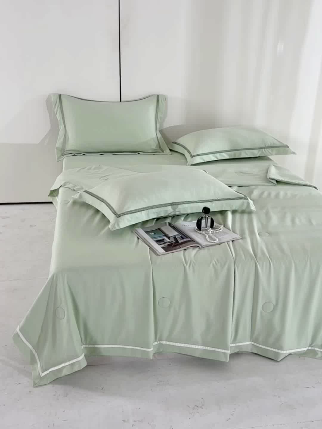 91家纺网 家纺一手货源 找家纺 欧夏家纺 2026新款氢氧丝凉感刺绣夏被拼角夏被纯色夏凉被空调被子薄被直播供货外贸 夏草绿