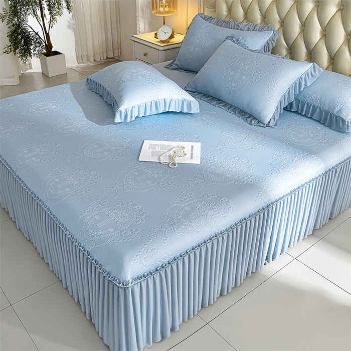 91家纺网 家纺一手货源 找家纺 2026新款PE聚乙烯中分子凉感冰感凉豆豆床裙三件套欧式-蓝