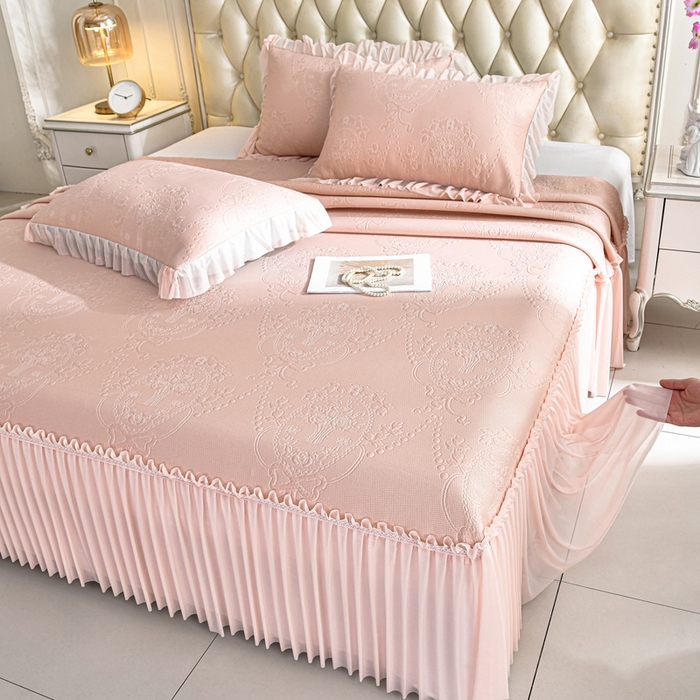 91家纺网 家纺一手货源 找家纺 2026新款PE聚乙烯中分子凉感冰感凉豆豆床裙三件套欧式-粉