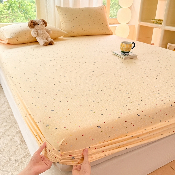 91家纺网 家纺一手货源 找家纺 （总）彩亿家纺 2026新款泡芙纱印花款床笠三件套云感泡芙双层纱套件单件床笠