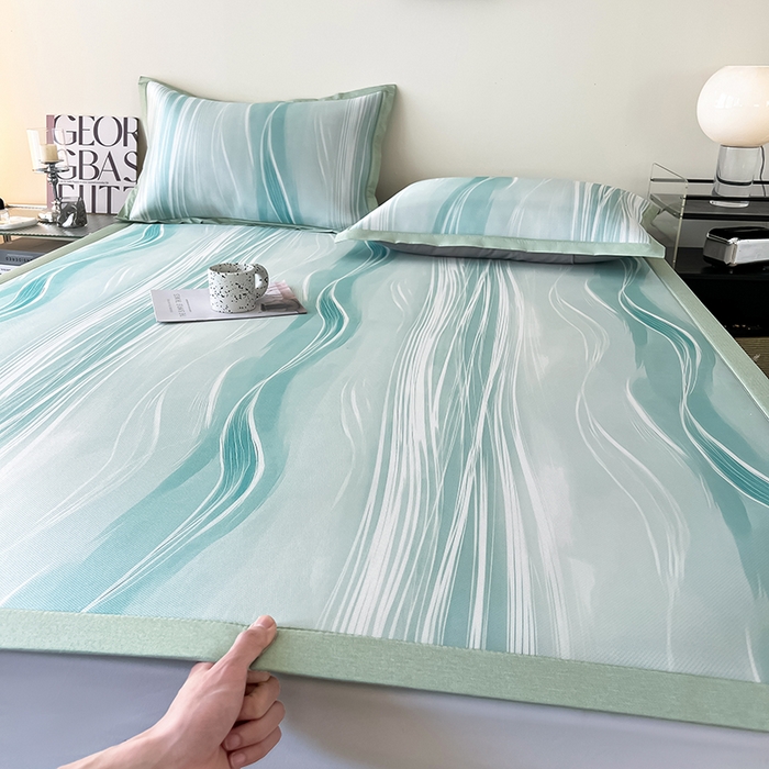 倾慕家纺 2026新款A类简约风牛奶丝数码印花冰丝凉席 曲线幻影绿