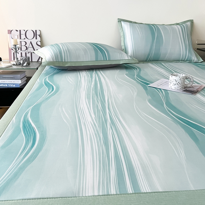 91家纺网 家纺一手货源 找家纺 倾慕家纺 2026新款A类简约风牛奶丝数码印花冰丝凉席 曲线幻影绿