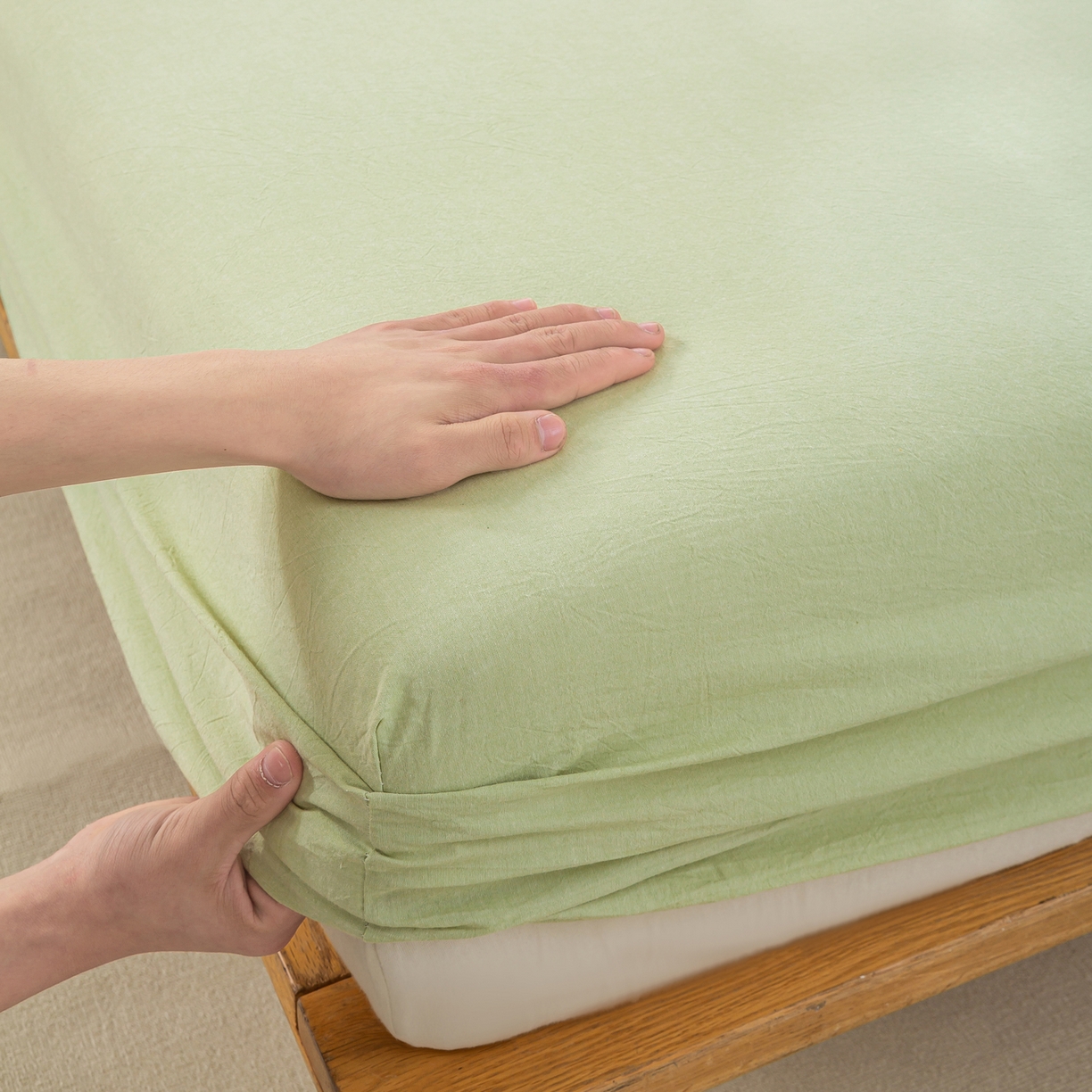 91家纺网 家纺一手货源 找家纺 恋人优选 2026新款全棉纯棉水洗棉单床笠床笠单件 青辰绿