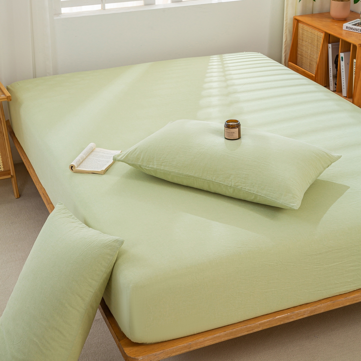 91家纺网 家纺一手货源 找家纺 恋人优选 2026新款全棉纯棉水洗棉单床笠床笠单件 青辰绿