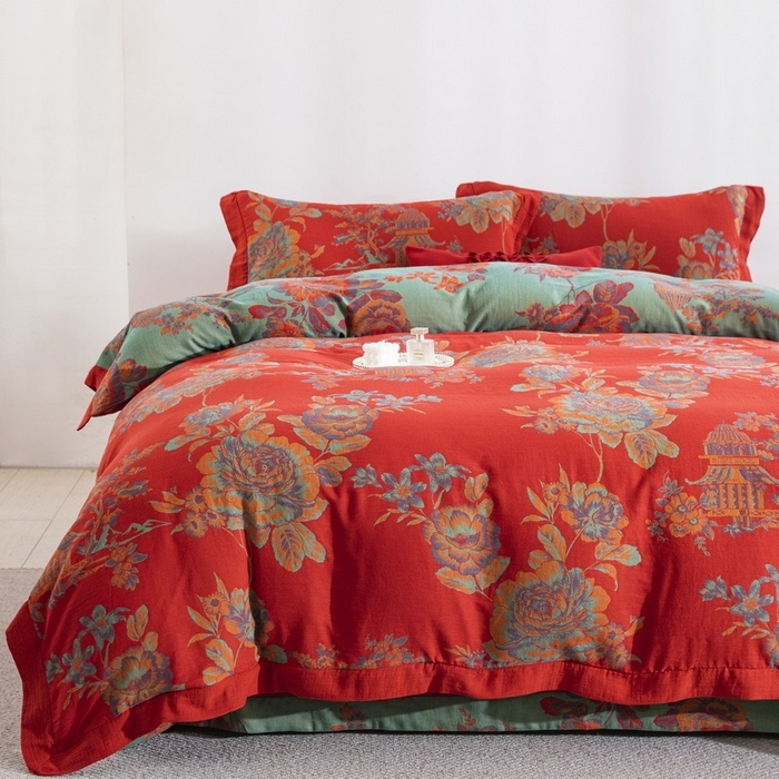 91家纺网 家纺一手货源 找家纺 （总）双层纱家居 2026新款全棉纯棉色织提花拼角飞边款四件套