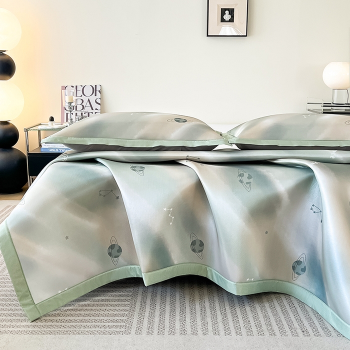 91家纺网 家纺一手货源 找家纺 倾慕家纺 2026新款A类简约风牛奶丝数码印花冰丝凉席 梦幻星球绿