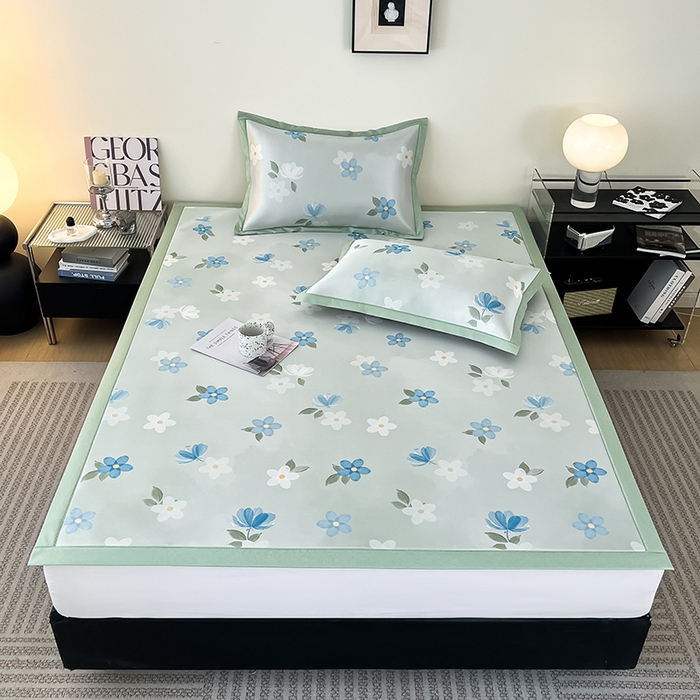 91家纺网 家纺一手货源 找家纺 倾慕家纺 2026新款A类简约风牛奶丝数码印花冰丝凉席 梦幻花朵绿