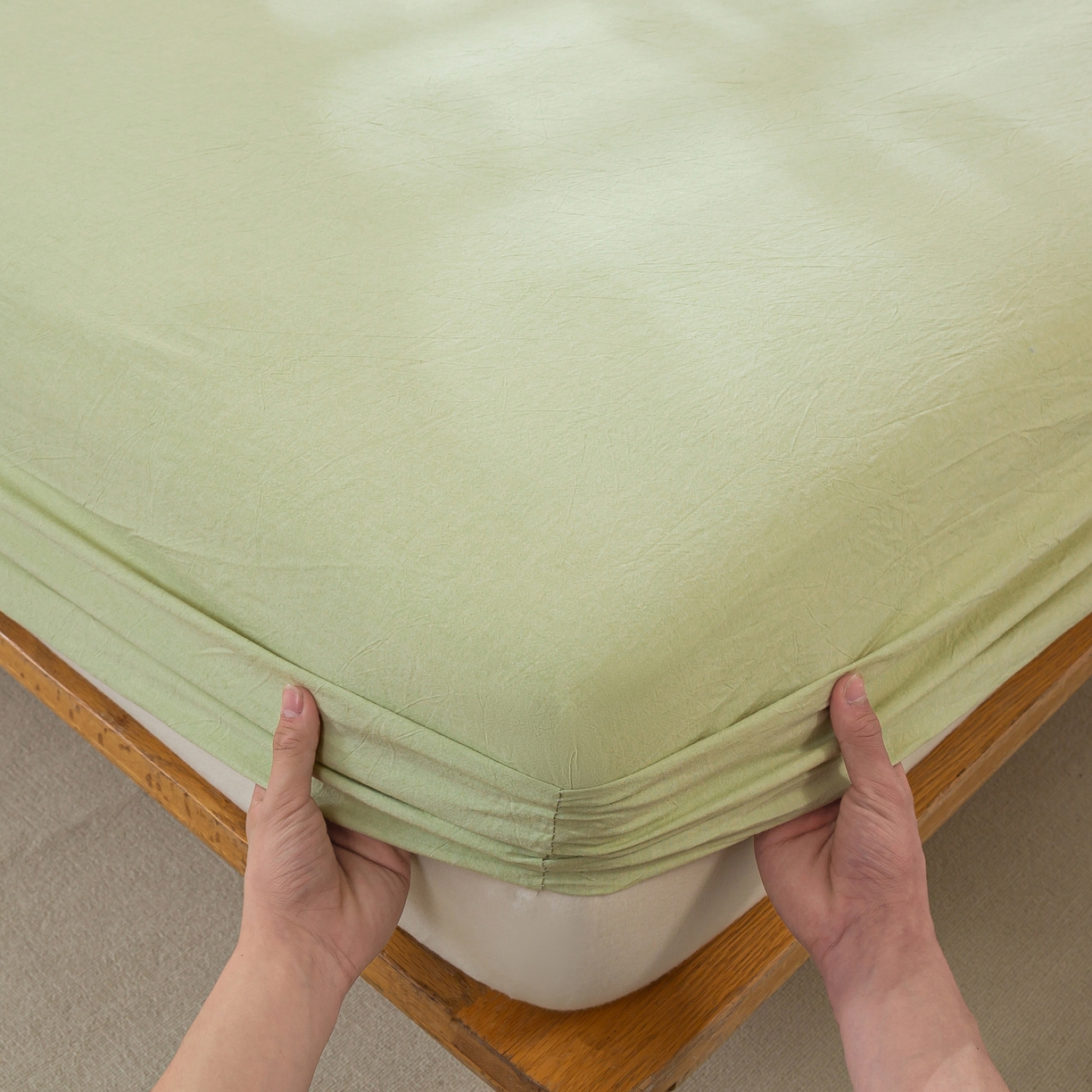 91家纺网 家纺一手货源 找家纺 恋人优选 2026新款全棉纯棉水洗棉单床笠床笠单件 青辰绿